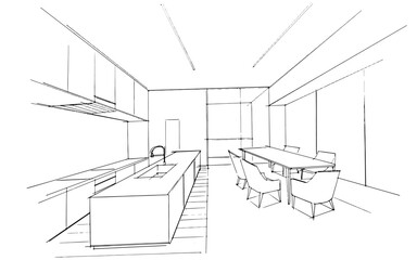 Dining room line drawing. , drawing exterior and interior architectural lines. , Graphic assembly in architecture and interior design work. ,Sketch ideas for interior or exterior designs.