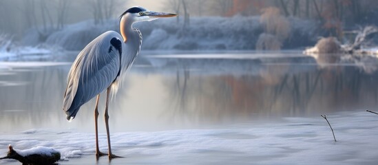 A Grey Heron, scientifically known as Ardea cinerea, standing majestically on a frozen lake, showcasing its long legs and elegant stature in the winter landscape. - obrazy, fototapety, plakaty