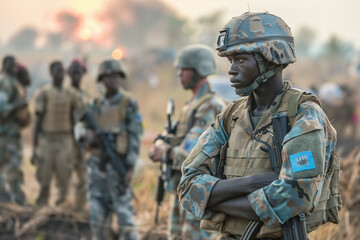 A UN peacekeeping force overseeing a ceasefire in a volatile region. A group of soldiers are standing in a field with their arms crossed - obrazy, fototapety, plakaty