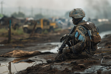 A UN peacekeeping force overseeing a ceasefire in a volatile region. One black soldier is sitting on a battle field with a gun