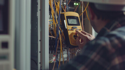 Technician attentively using a multimeter on server room equipment.