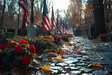 A war memorial adorned with wreaths and flags in honor of fallen soldiers. Row of American flags in cemetery, honoring the fallen