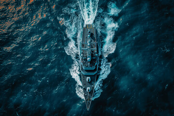 A warship patrolling international waters to deter piracy and terrorism. An electric blue ship gracefully floats on blue sea water. The transparent material reflects the darkness of the water below
