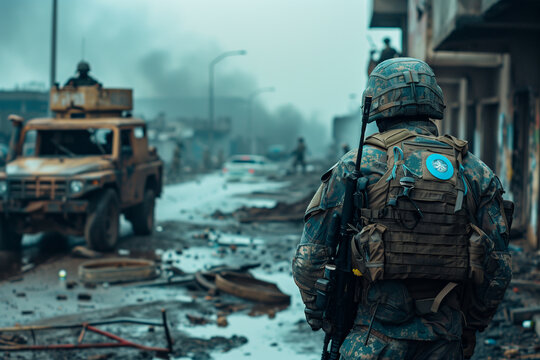 A UN peacekeeping force overseeing a ceasefire in a volatile region. ONe soldier is standing next to a destroyed building looking at the military truck driving by.