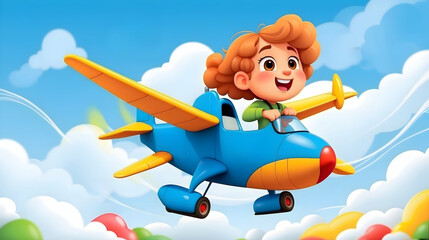 Child in the airplane. Joyful Journey. Little Kids Soaring Above the Clouds with a Magical Airplane.