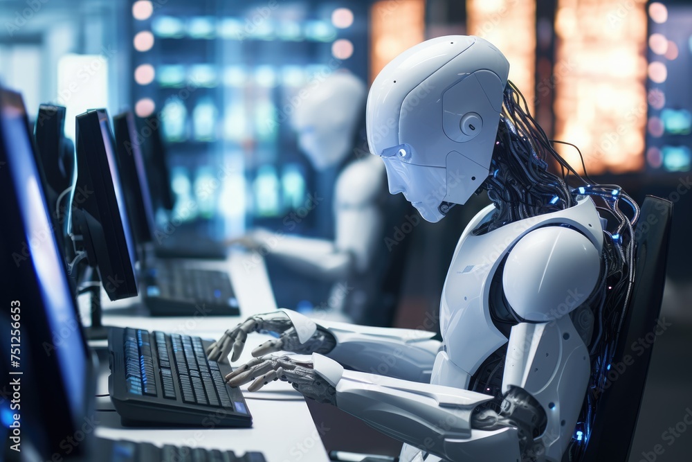 Poster humanoid robot interacting with computer screens, robot work global data generate ai