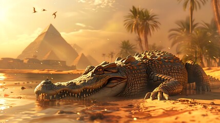 desert guardian: a lone crocodile amidst ancient pyramids - obrazy, fototapety, plakaty