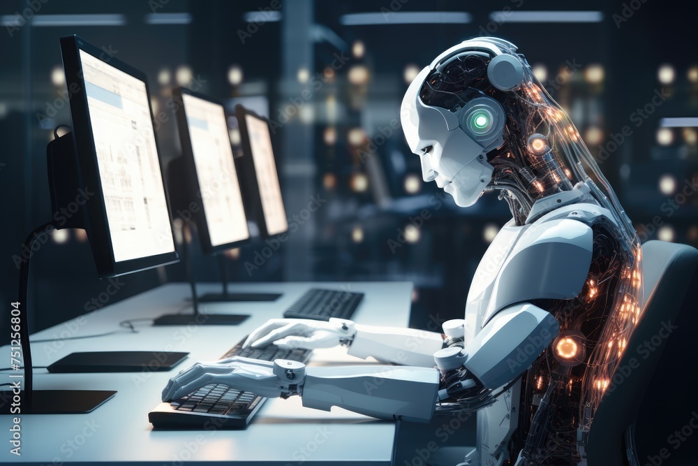 Poster humanoid robot interacting with computer screens, chatbots working and chatting, ai generated