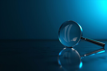Magnifying glass on an empty dark blue background with space for text or inscriptions. Search and strategy theme

