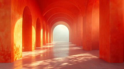 赤色の建物の光が差し込む廊下
