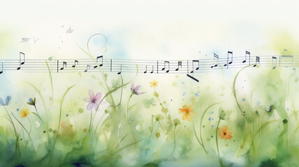 Musical notes among wildflowers, background postcard in watercolor style