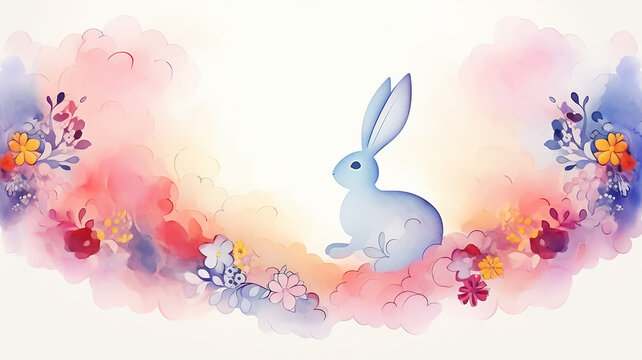 Rabbit in colored clouds, a festive greeting card for Easter in watercolor style