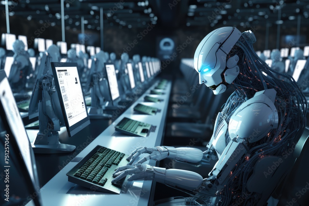 Poster humanoid robot interacting with computer screens, chatbots working and chatting, ai generated