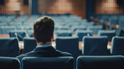 A man in a suit sits contemplative amidst empty seats in a formal assembly hall. - obrazy, fototapety, plakaty