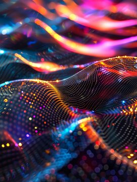 A colorful, abstract image of a wave with dots of light