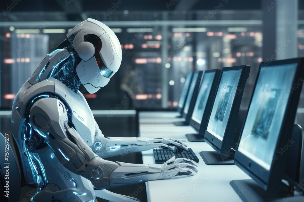 Poster humanoid robot interacting with computer screens, chatbot analyzing stock market graph, ai generated