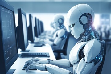 Humanoid robot interacting with computer screens, Chatbot Analyzing Stock Market Graph, Ai generated - obrazy, fototapety, plakaty