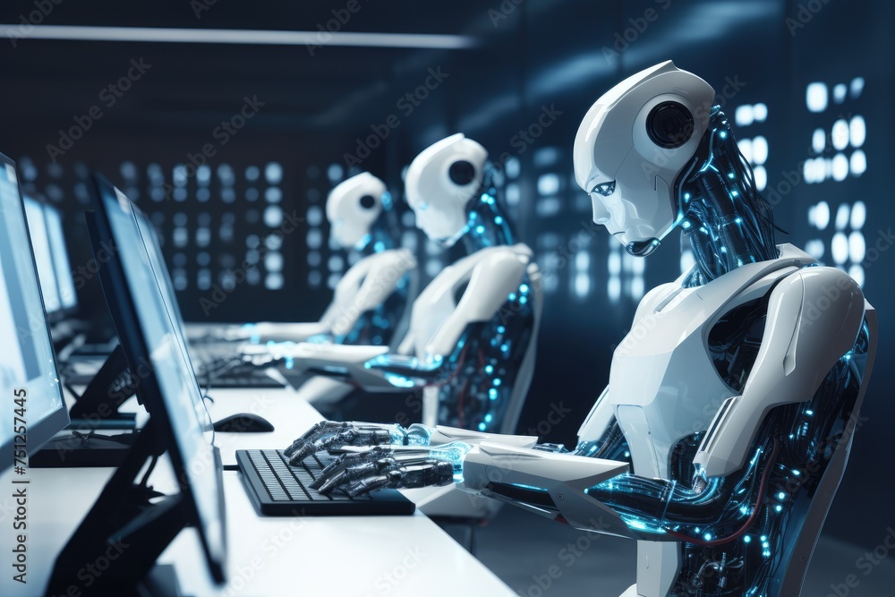 Poster humanoid robot interacting with computer screens, chatbot analyzing stock market graph, ai generated