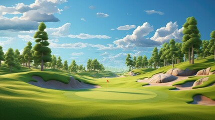 A view of a hill with a green golf course on a sunny day. Golf course with flags and sand bunkers. Green grass and trees with white sand trap. - Powered by Adobe