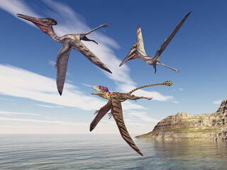 Flugsaurier Pterodactylus und Peteinosaurus über dem Meer - 751257472