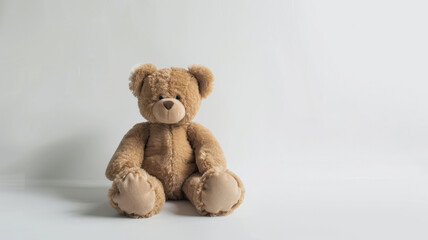 A plush teddy bear sits serenely against a white backdrop, embodying childhood innocence.