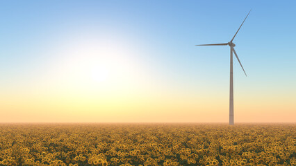 Windkraftanlage in einer Landschaft bei Sonnenuntergang - 751257613