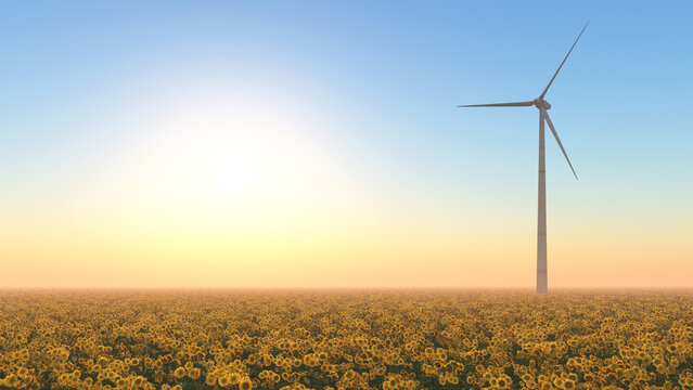 Windkraftanlage in einer Landschaft bei Sonnenuntergang