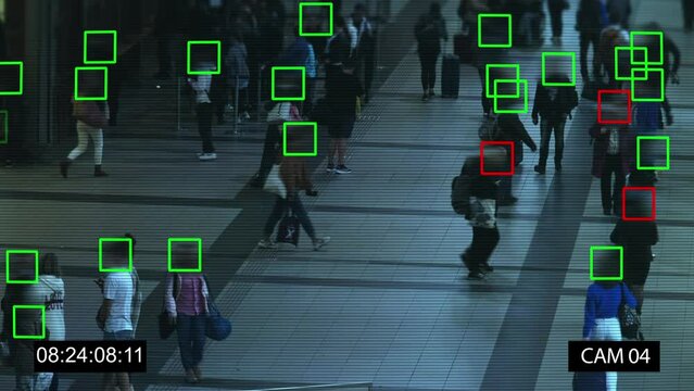 Detecting and recognizing people's faces, collection and analysis of human biometric data using artificial intelligence. Social Credit Scores, big data analysis, crowd scanning, personal security, 4k.