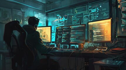 Programmer engrossed in code, bathed in the glow of multiple computer screens in a dimly lit workspace.