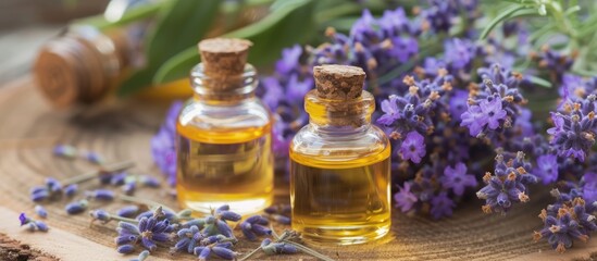 Two bottles of lavender oil are placed neatly on a rustic wooden table, creating a simple yet practical display.