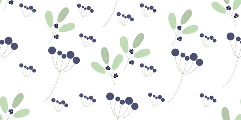 Seamless vector pattern in a rustic style with eucalyptus branches, greenery and berries on a white background.