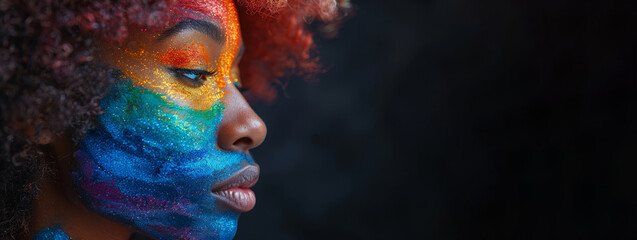 A woman with rainbow face paint on her face. The face paint is colorful and vibrant, giving the impression of a fun and lively atmosphere. diversity , equity, and inclusion
