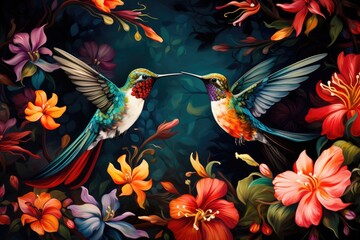 Hummingbirds hovering over brightly colored flowers, Small bird perching on branch vibrant, Ai generated