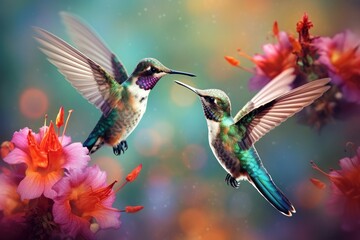 Hummingbirds hovering over brightly colored flowers, Small bird perching on branch vibrant, Ai generated