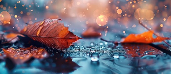A detailed close up of a leaf resting on a wet surface, showcasing raindrops and intricate details with a shallow depth of field.
