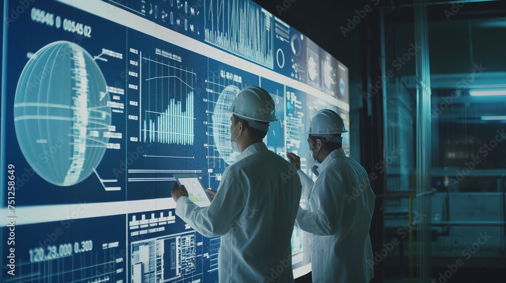 Poster factory digitalization: two industrial engineers use tablet computer, visualize the wall of big data