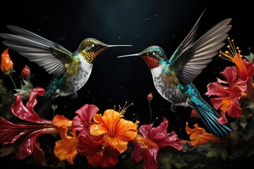 Obraz premium Hummingbirds hovering over brightly colored flowers, Hummingbird vibrant colors flying in nature spread wings, Ai generated