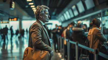 A businessman in a tailored suit carrying a laptop bag while waiting in line at airport security. - obrazy, fototapety, plakaty