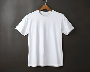 White t-shirt on hanger on dark background. Mock up