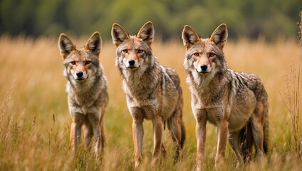 Wild coyotes standing is prairie grass in nature found hd realistic - obrazy, fototapety, plakaty