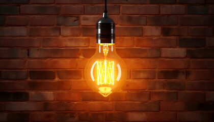 Glowing retro light bulb on brick wall background. Idea concept.