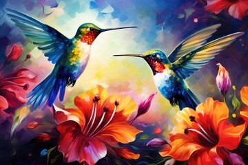 Fototapeta na wymiar Hummingbirds hovering over brightly colored flowers, Hummingbirds in pairs and a pink flower Ai Generated