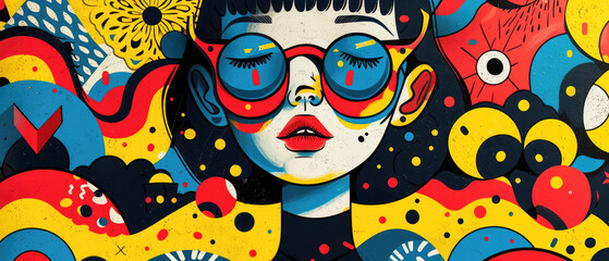 Masked face cute girl white glasses Patterns art colorful bright Background banner