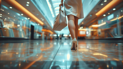 A businesswoman in a sophisticated dress carrying a designer handbag as she walks through the duty-free shops. 