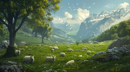 A serene countryside landscape with lush green pastures dotted with sheep and goats, symbolizing abundance and blessings. - obrazy, fototapety, plakaty