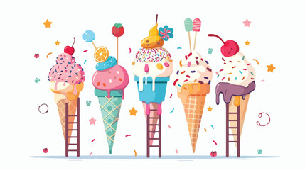 Tiny characters on ladders decorate ice cream Flat vector - obrazy, fototapety, plakaty