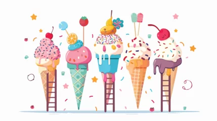 Foto op Canvas Tiny characters on ladders decorate ice cream Flat vector © Vector