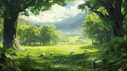 A serene countryside landscape with lush green pastures dotted with sheep and goats, symbolizing...
