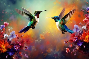 Hummingbirds hovering over brightly colored flowers, Hummingbirds in pairs and a pink flower Ai Generated - obrazy, fototapety, plakaty