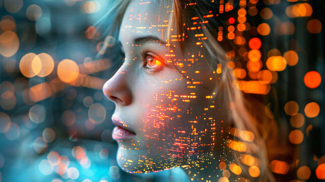 Childhood in Digital Age.
Young girl's face with digital mapping overlay.